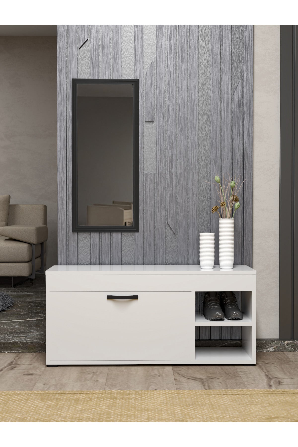 Ayakkabılık Çok Amaçlı Kapaklı Dolabı 90 cm Modern Ayakkabı Dolabı Raflı Organizer