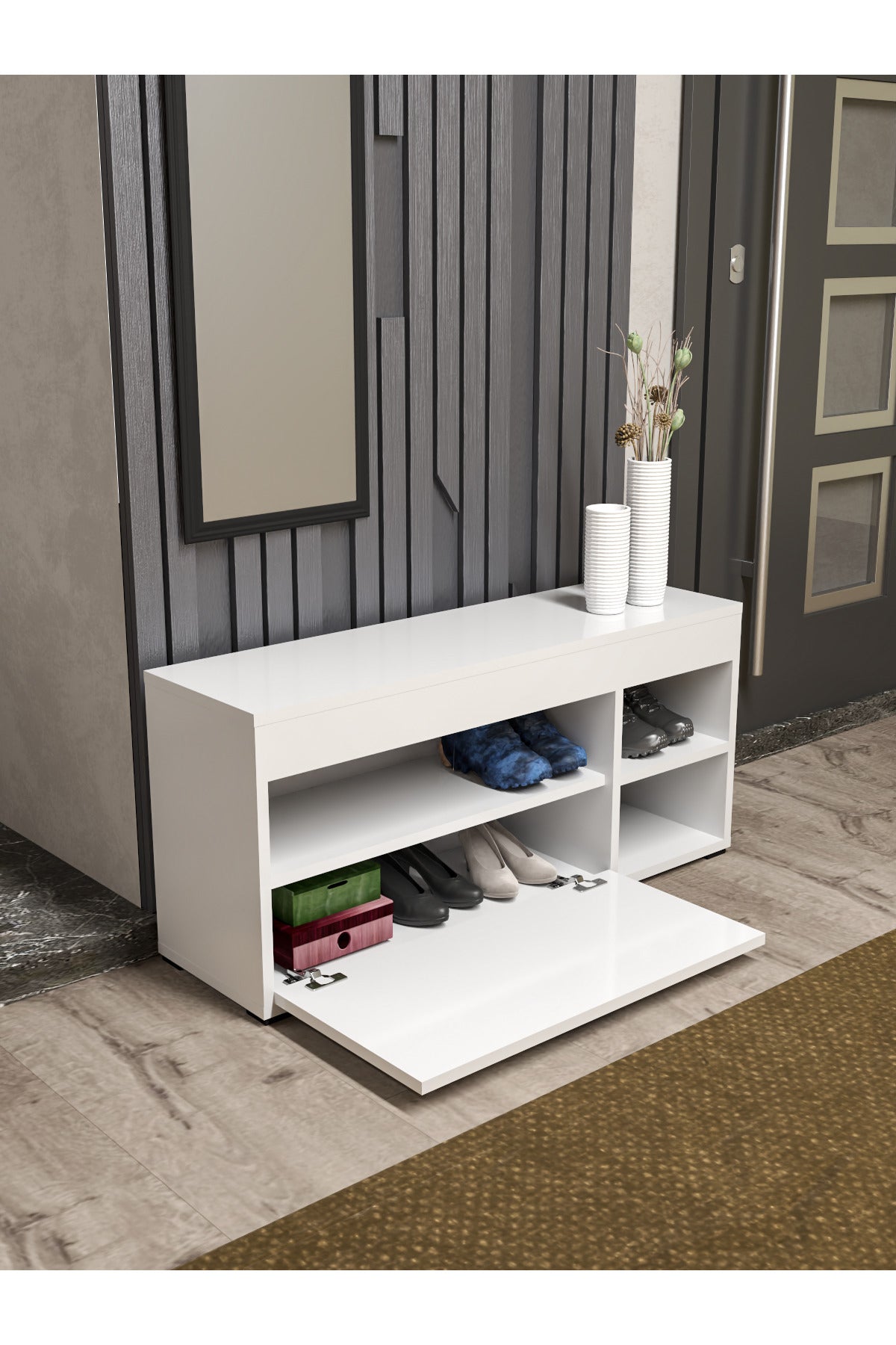 Ayakkabılık Çok Amaçlı Kapaklı Dolabı 90 cm Modern Ayakkabı Dolabı Raflı Organizer