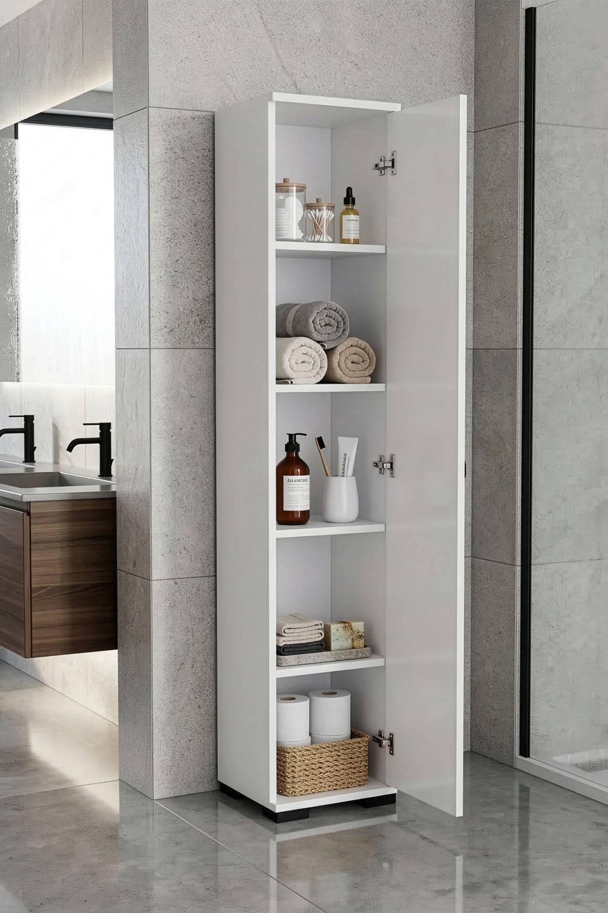 Banyo Dolabı Dar Boy Dolap Raflı Kapaklı Çok Amaçlı Organizer 5 Katlı  Beyaz