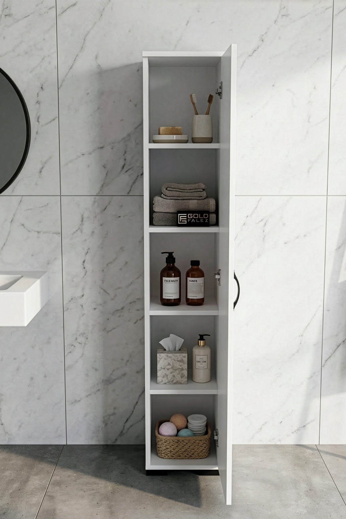 Banyo Dolabı Dar Boy Dolap Raflı Kapaklı Çok Amaçlı Organizer 5 Katlı  Beyaz