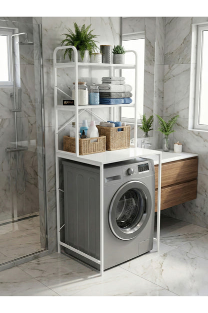 Çamaşır Makinesi Dolabı 2 Katlı Geniş Depolama Raf Ünitesi Metal Banyo Organizer Standı
