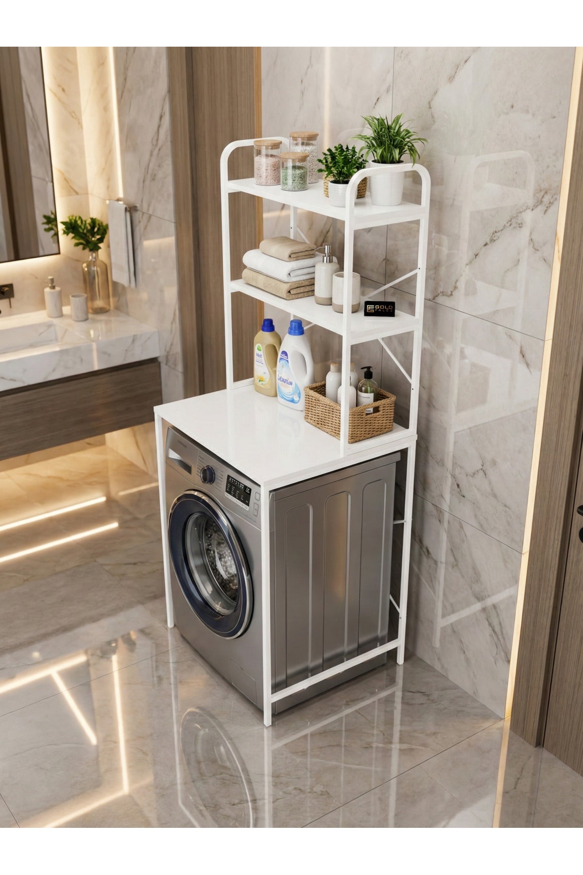 Çamaşır Makinesi Dolabı 2 Katlı Geniş Depolama Raf Ünitesi Metal Banyo Organizer Standı