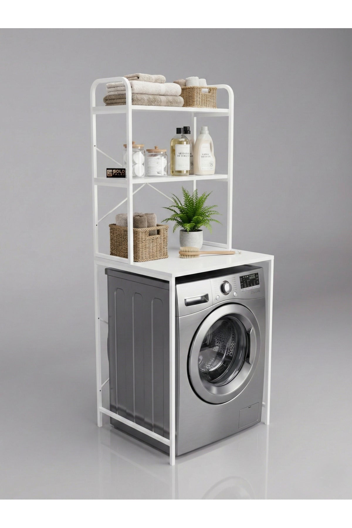 Çamaşır Makinesi Dolabı 2 Katlı Geniş Depolama Raf Ünitesi Metal Banyo Organizer Standı
