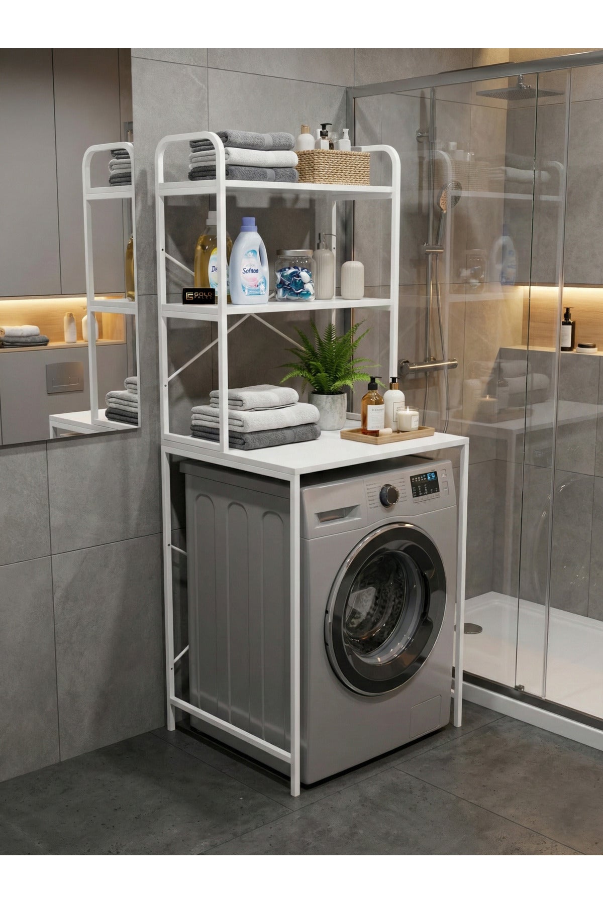 Çamaşır Makinesi Dolabı 2 Katlı Geniş Depolama Raf Ünitesi Metal Banyo Organizer Standı