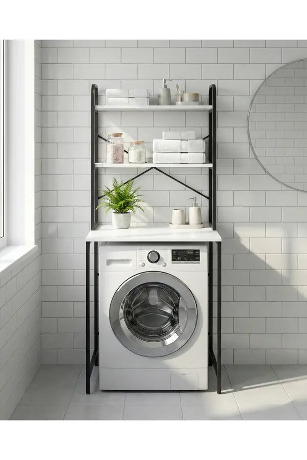 Çamaşır Makinesi Dolabı 2 Katlı Geniş Depolama Raf Ünitesi Metal Banyo Organizer Standı