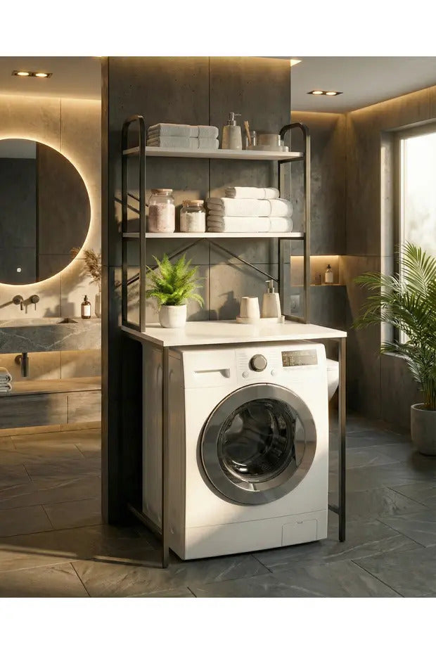 Çamaşır Makinesi Dolabı 2 Katlı Geniş Depolama Raf Ünitesi Metal Banyo Organizer Standı