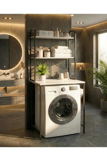 Çamaşır Makinesi Dolabı 2 Katlı Geniş Depolama Raf Ünitesi Metal Banyo Organizer Standı