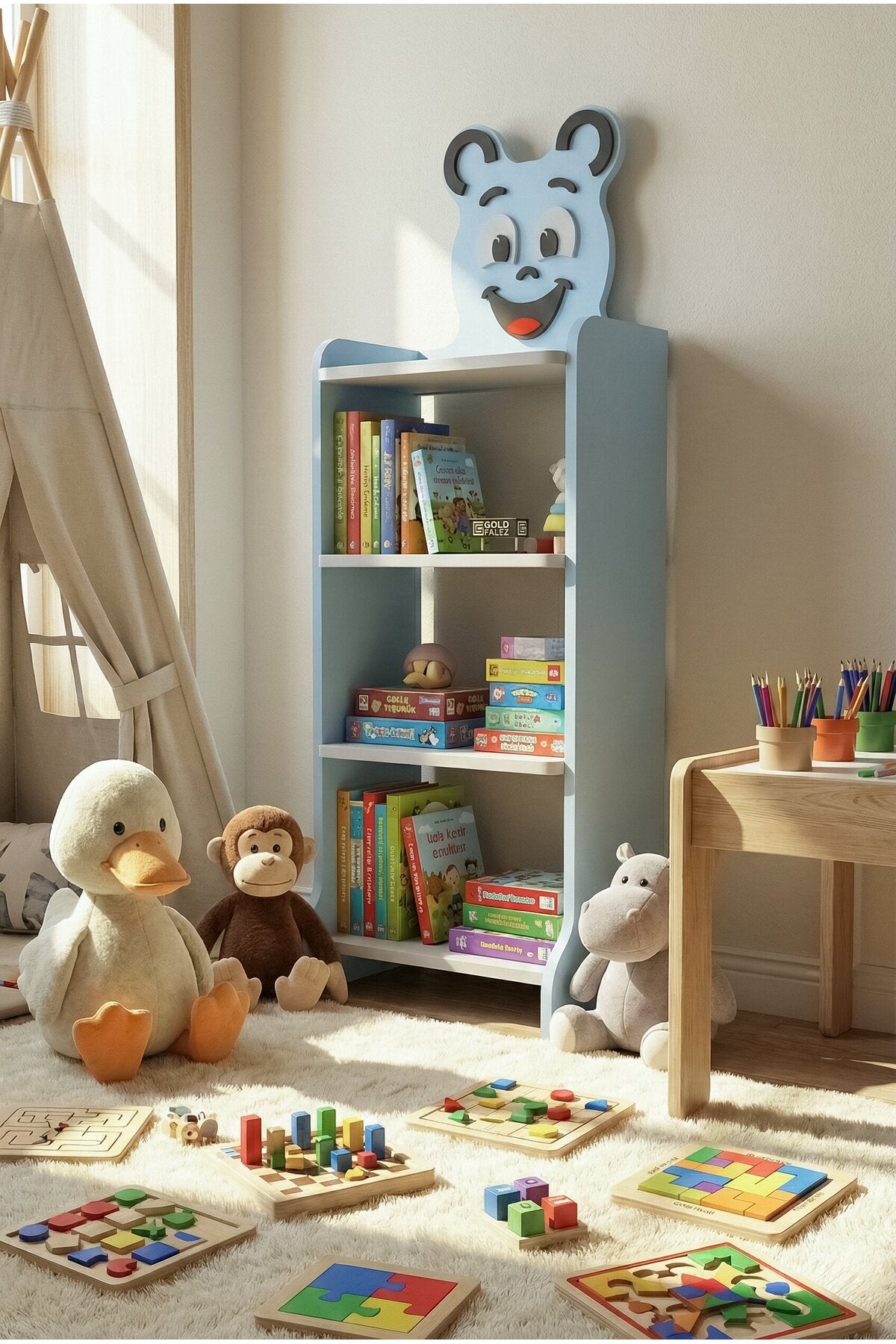 Çocuk Kitaplık Happy Face 4 Raflı – Sevimli Figürlü Düzenleyici Raf Sistemi