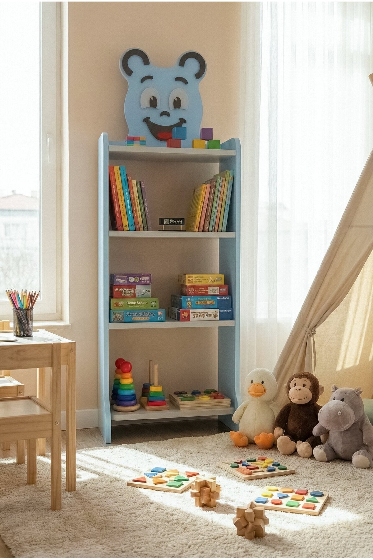 Çocuk Kitaplık Happy Face 4 Raflı – Sevimli Figürlü Düzenleyici Raf Sistemi