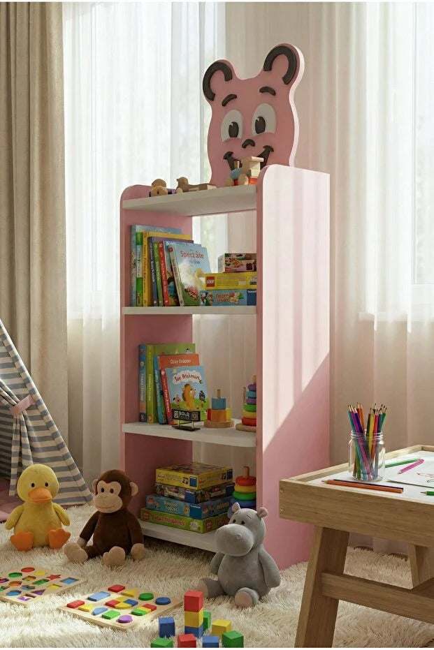 Çocuk Kitaplık Happy Face 4 Raflı – Sevimli Figürlü Düzenleyici Raf Sistemi