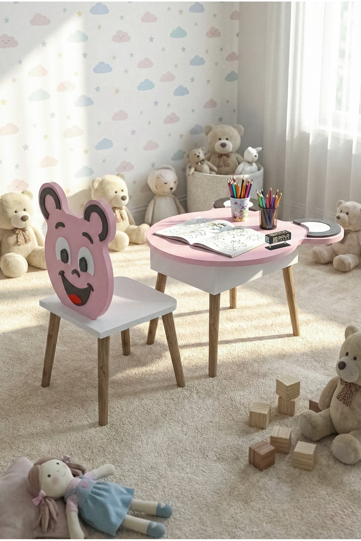 Çocuk Masası & Çocuk Sandalyesi Happy Face Sevimli Figürlü Set
