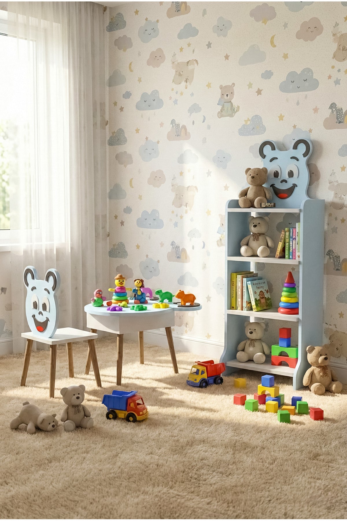 Çocuk Mobilya Seti Happy Face – Masa,Sandalye ve 4 Raflı Kitaplık – Sevimli Figürlü