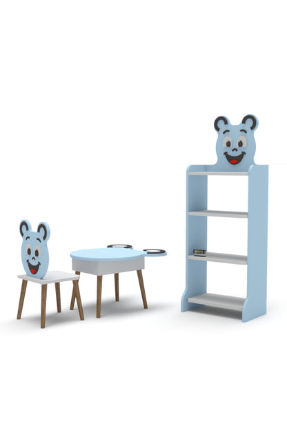 Çocuk Mobilya Seti Happy Face – Masa,Sandalye ve 4 Raflı Kitaplık – Sevimli Figürlü