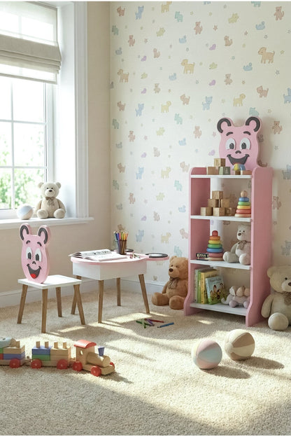 Çocuk Mobilya Seti Happy Face – Masa,Sandalye ve 4 Raflı Kitaplık – Sevimli Figürlü