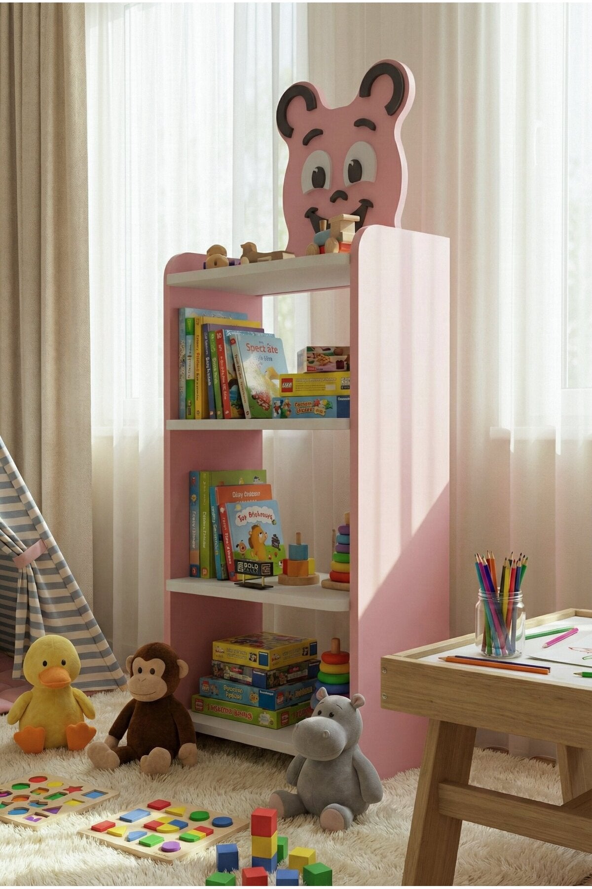 Çocuk Mobilya Seti Happy Face – Masa,Sandalye ve 4 Raflı Kitaplık – Sevimli Figürlü