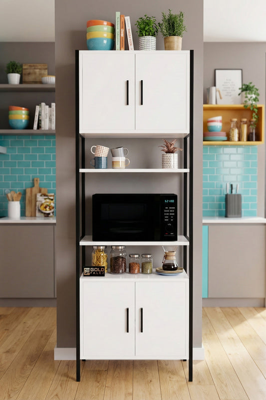 Çok Amaçlı Mutfak Dolap Raflı Metal Ayaklı Mikrodalga Fırın Dolabı 221 Beyaz