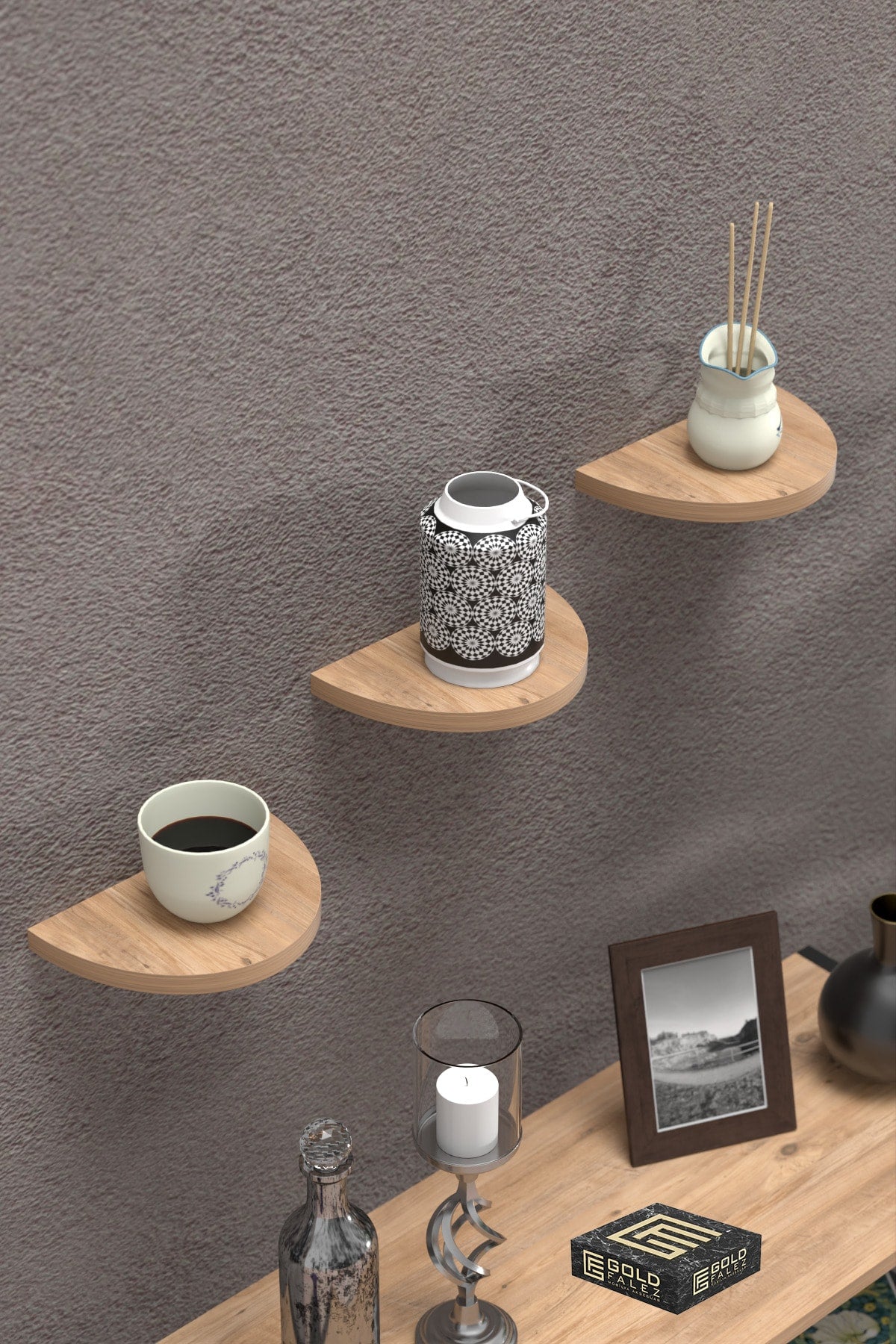 Duvar Rafı Dekoratif 3 Adet Çiçeklik Oval