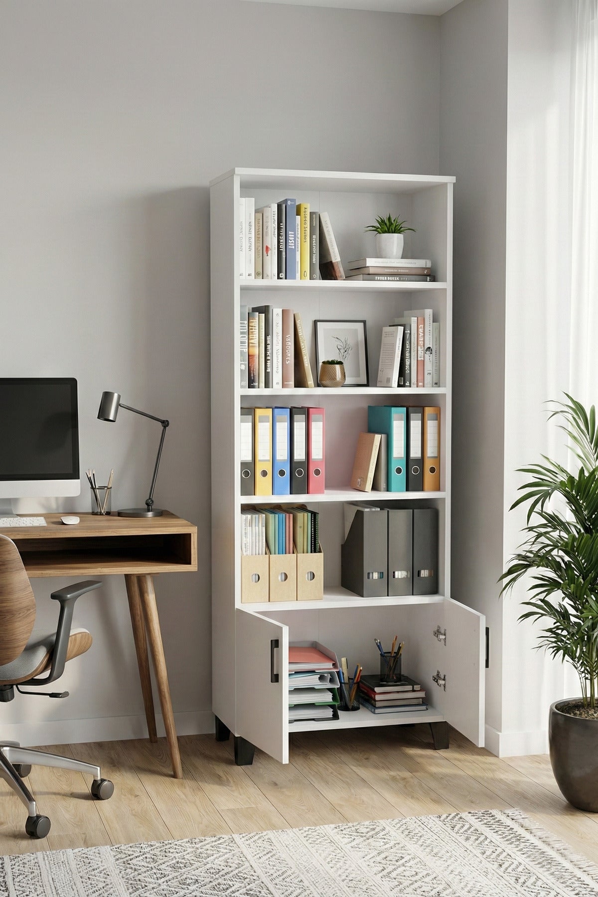 Kitaplık Modern Çok Amaçlı Dolaplı Raflı Ofis Salon Mutfak Düzenleyici Çok Raflı