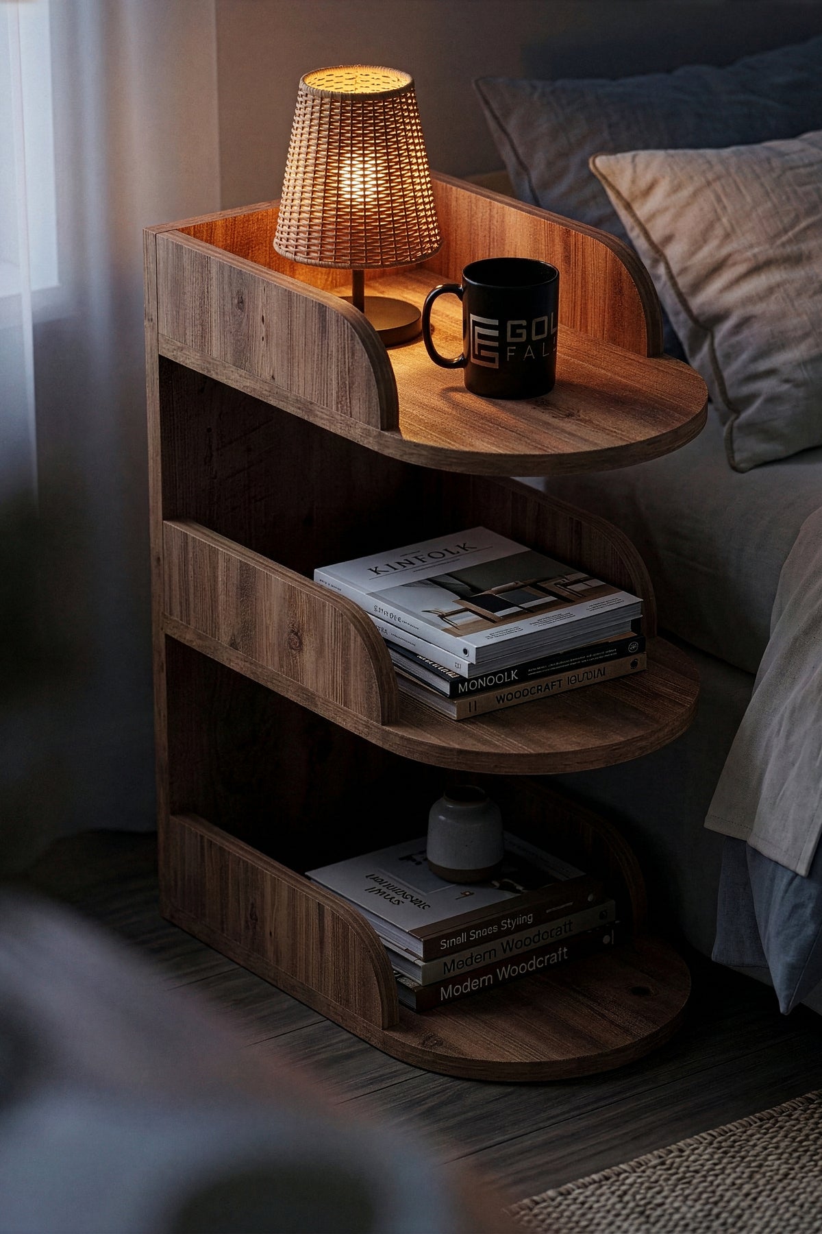 Komodin Modern Ahşap 3 Katlı Raflı Yan Sehpa Çok Amaçlı Organizer Kitaplık