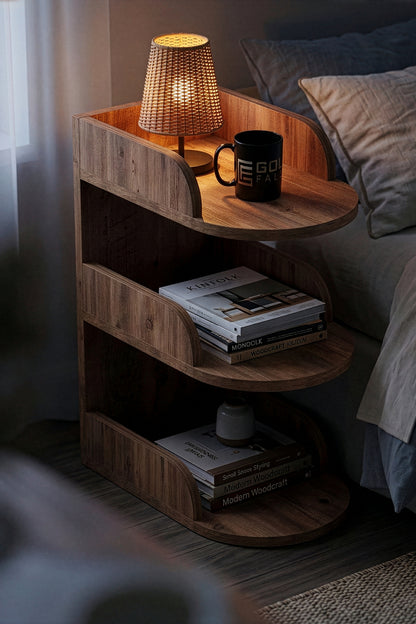 Komodin Modern Ahşap 3 Katlı Raflı Yan Sehpa Çok Amaçlı Organizer Kitaplık