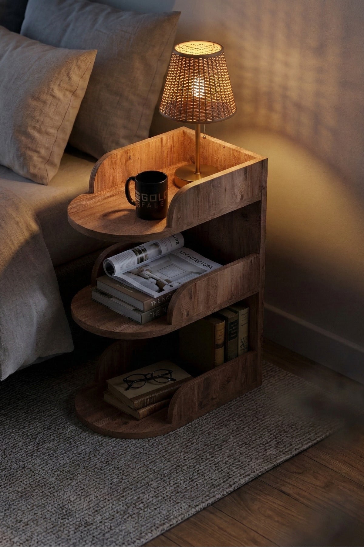 Komodin Modern Ahşap 3 Katlı Raflı Yan Sehpa Çok Amaçlı Organizer Kitaplık