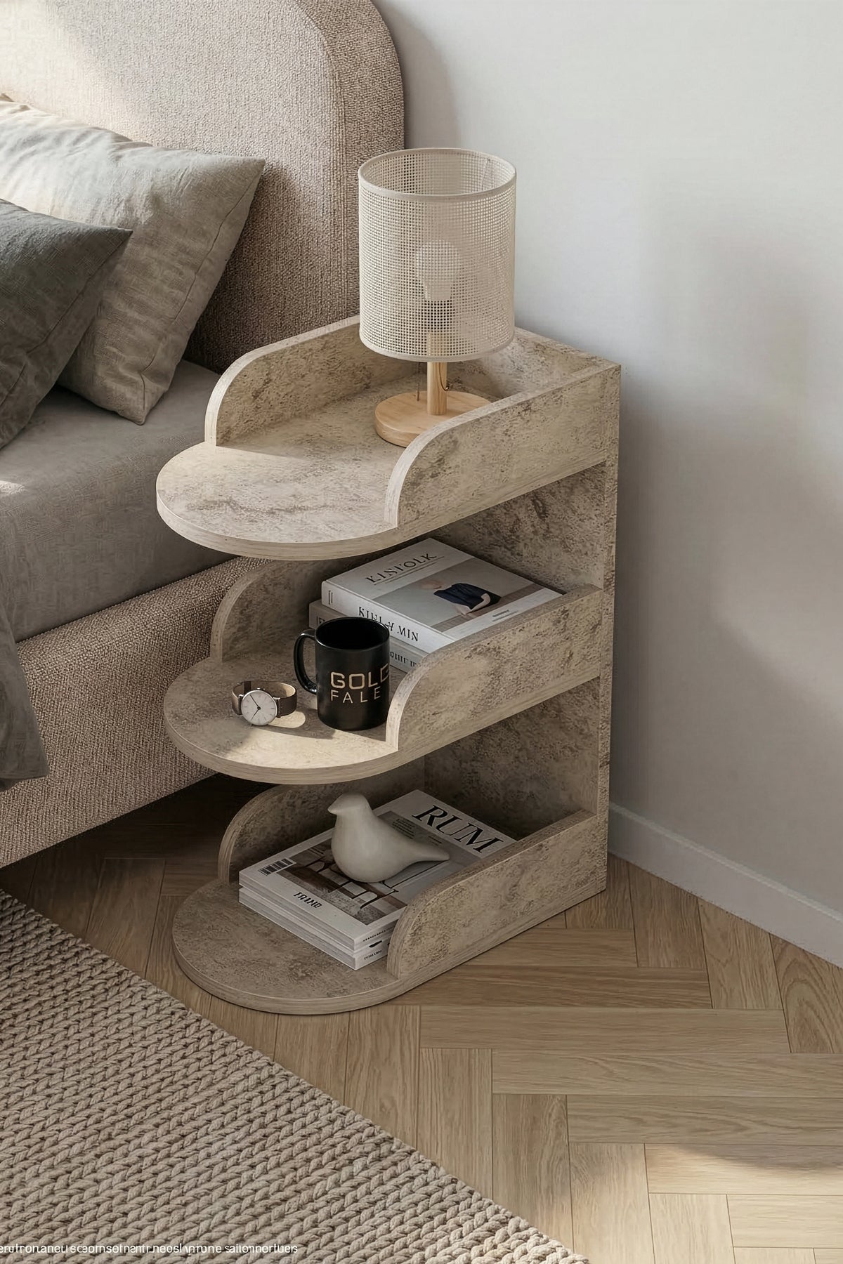Komodin Modern Ahşap 3 Katlı Raflı Yan Sehpa Çok Amaçlı Organizer Kitaplık