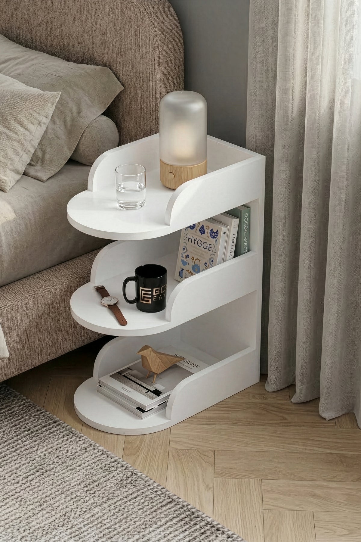 Komodin Modern Ahşap 3 Katlı Raflı Yan Sehpa Çok Amaçlı Organizer Kitaplık