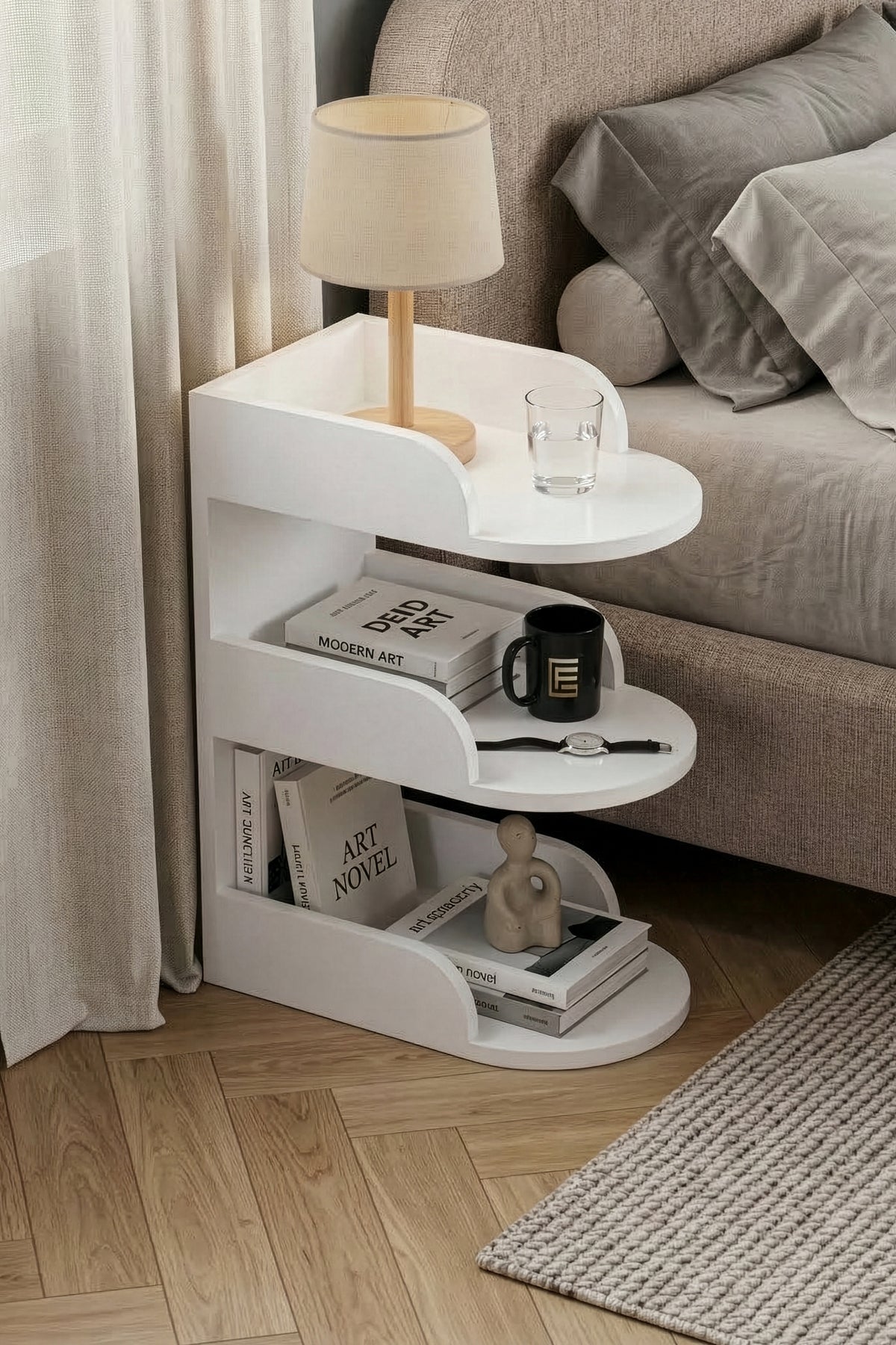 Komodin Modern Ahşap 3 Katlı Raflı Yan Sehpa Çok Amaçlı Organizer Kitaplık