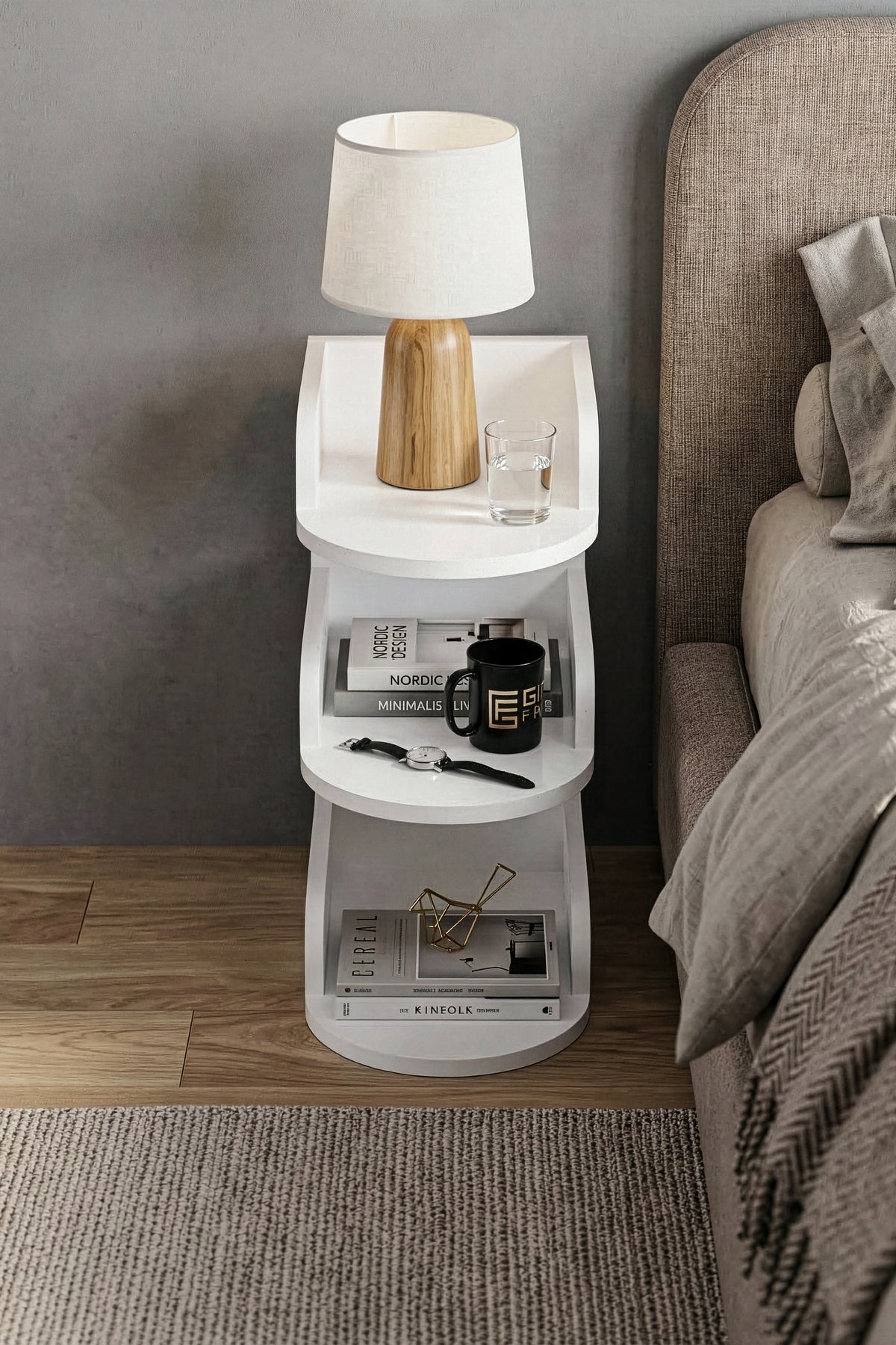 Komodin Modern Ahşap 3 Katlı Raflı Yan Sehpa Çok Amaçlı Organizer Kitaplık