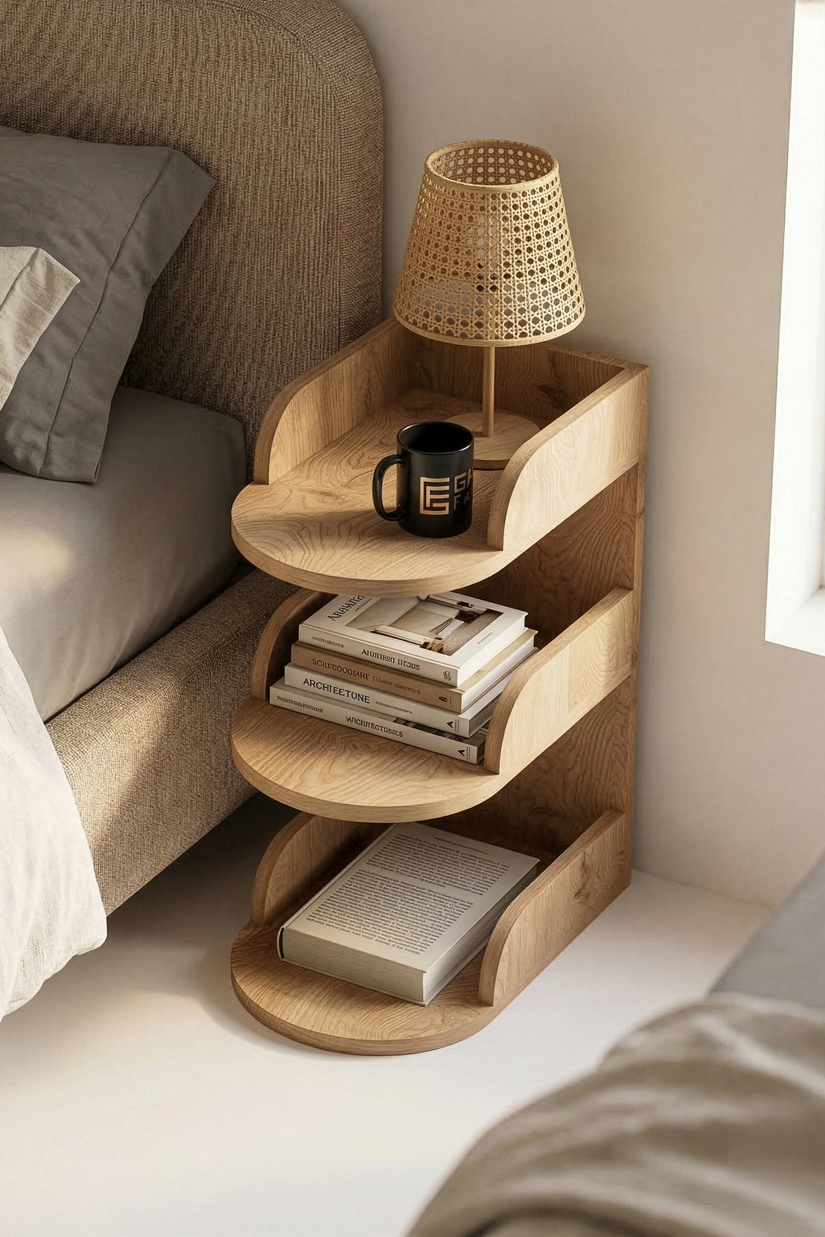 Komodin Modern Ahşap 3 Katlı Raflı Yan Sehpa Çok Amaçlı Organizer Kitaplık