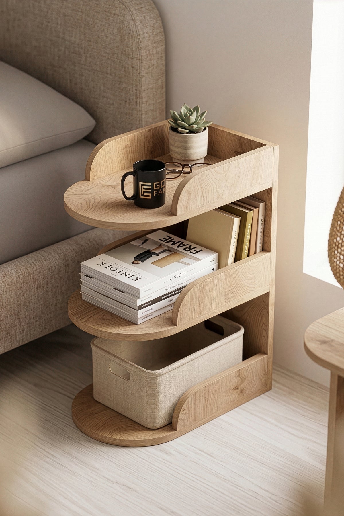 Komodin Modern Ahşap 3 Katlı Raflı Yan Sehpa Çok Amaçlı Organizer Kitaplık