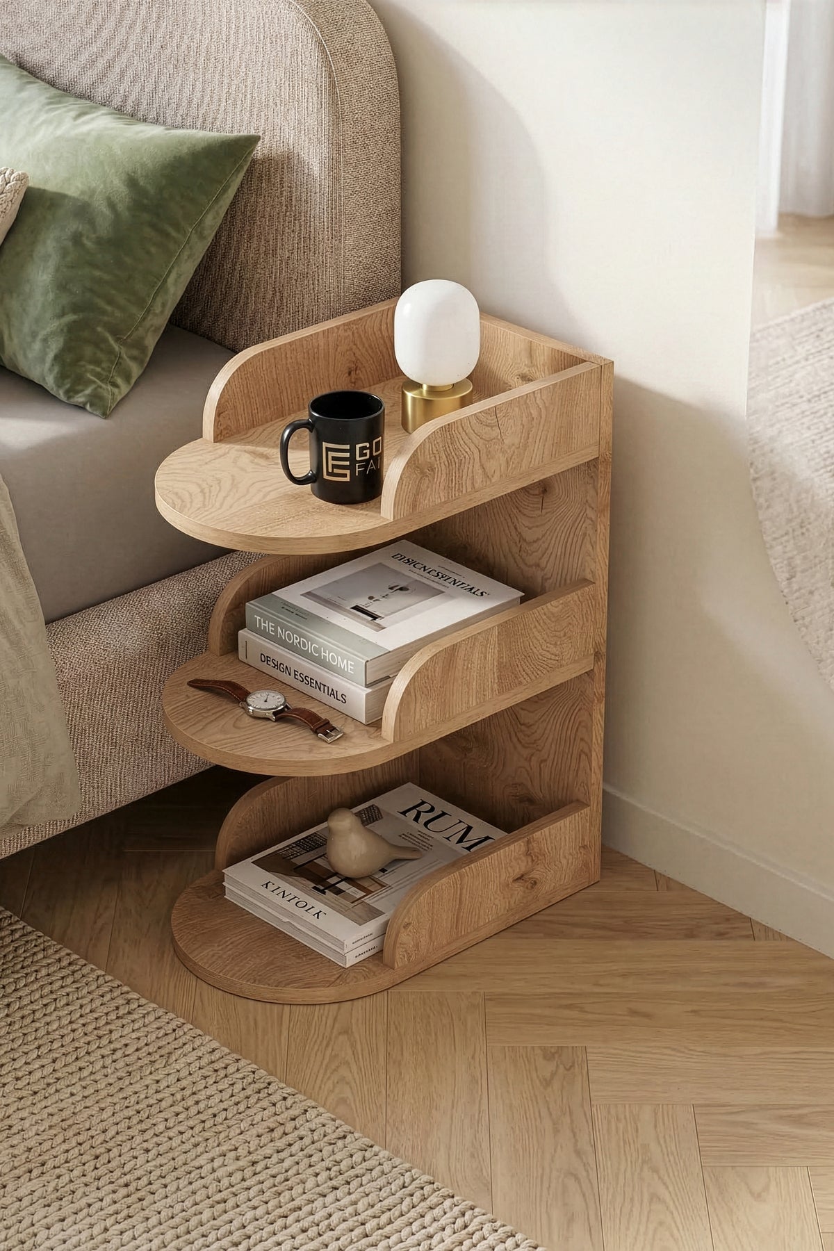 Komodin Modern Ahşap 3 Katlı Raflı Yan Sehpa Çok Amaçlı Organizer Kitaplık