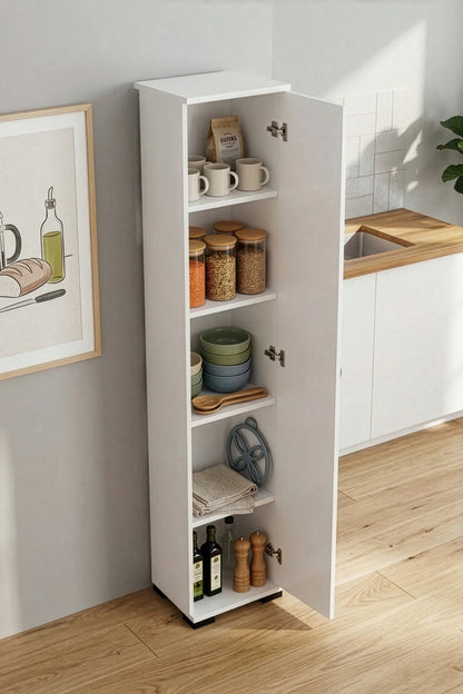 Mutfak Dolabı Çok Amaçlı Dar Kiler Dolap Raflı Kapaklı Organizer 5 Katlı  Beyaz