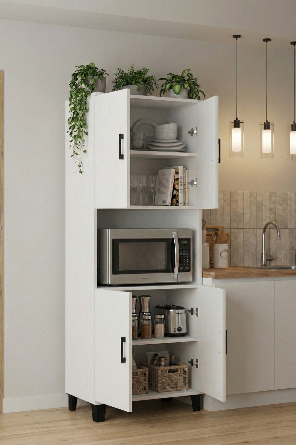 Mutfak Dolabı Çok Amaçlı Raflı Kapaklı Erzak Depolama Modern Ahşap Tasarım Dolap