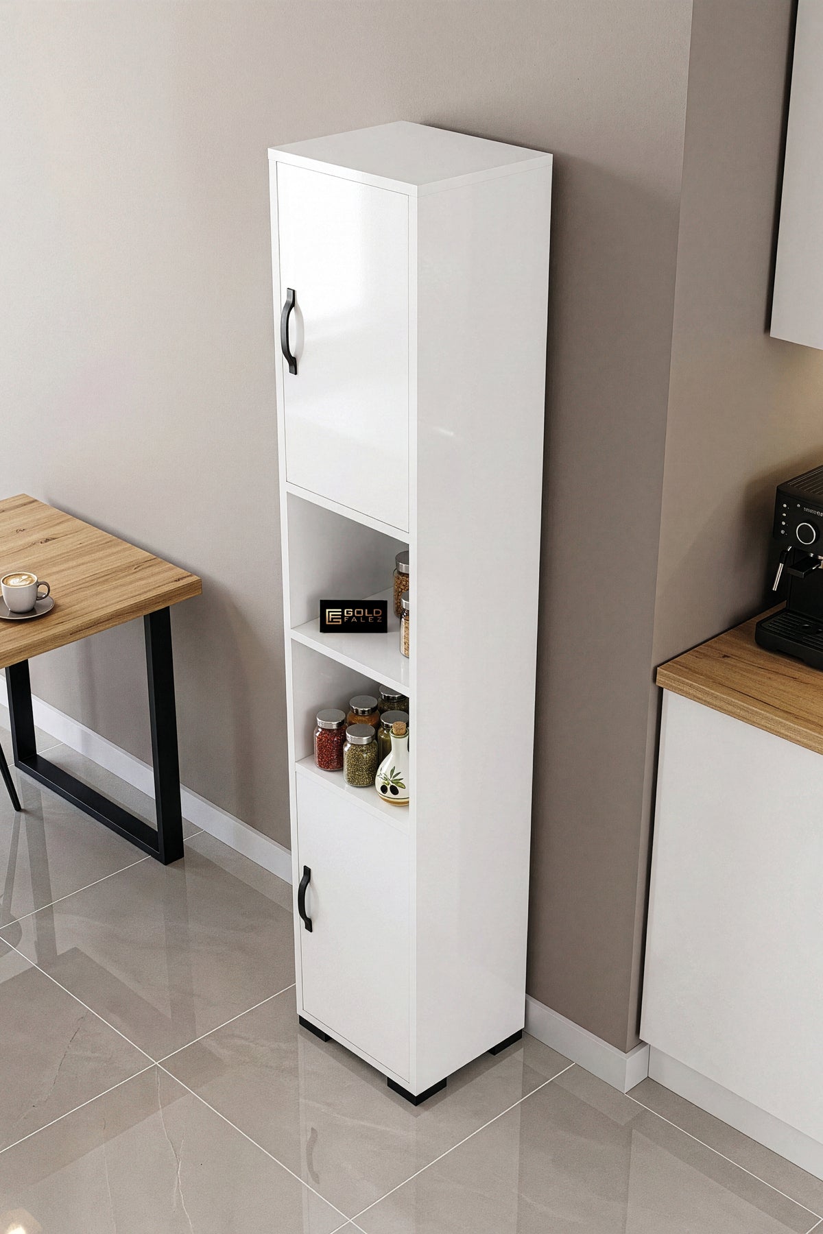 Mutfak Dolabı Çok Amaçlı Raflı Kapaklı İnce Uzun Erzak Dolap Organizer Beyaz