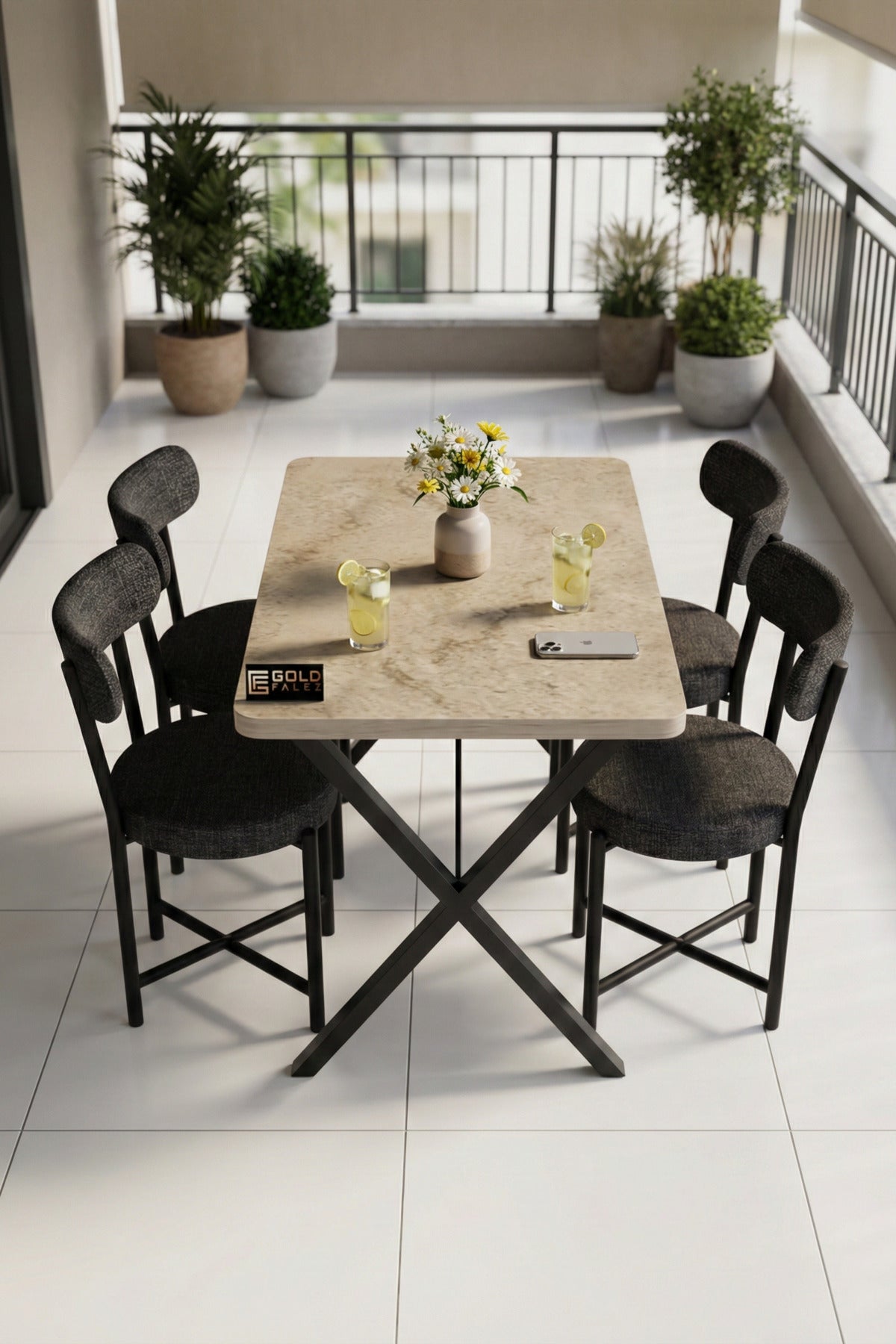 Mutfak Masası 4 Sandalyeli Set 110x70 cm Modern Bahçe Cafe Traverten Masa Takımı 4 Kişilik Teddy