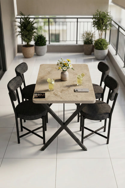 Mutfak Masası 4 Sandalyeli Set 110x70 cm Modern Bahçe Cafe Traverten Masa Takımı 4 Kişilik Teddy