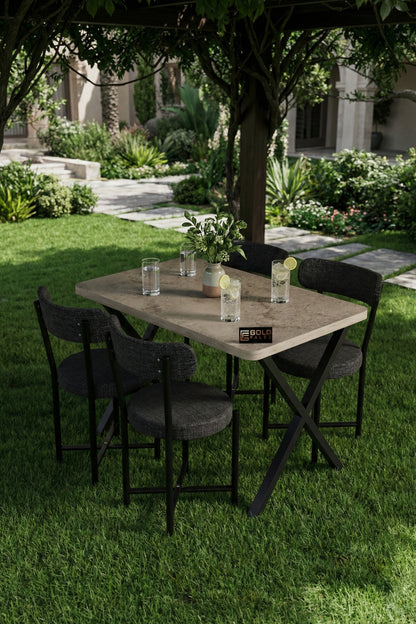 Mutfak Masası 4 Sandalyeli Set 110x70 cm Modern Bahçe Cafe Traverten Masa Takımı 4 Kişilik Teddy