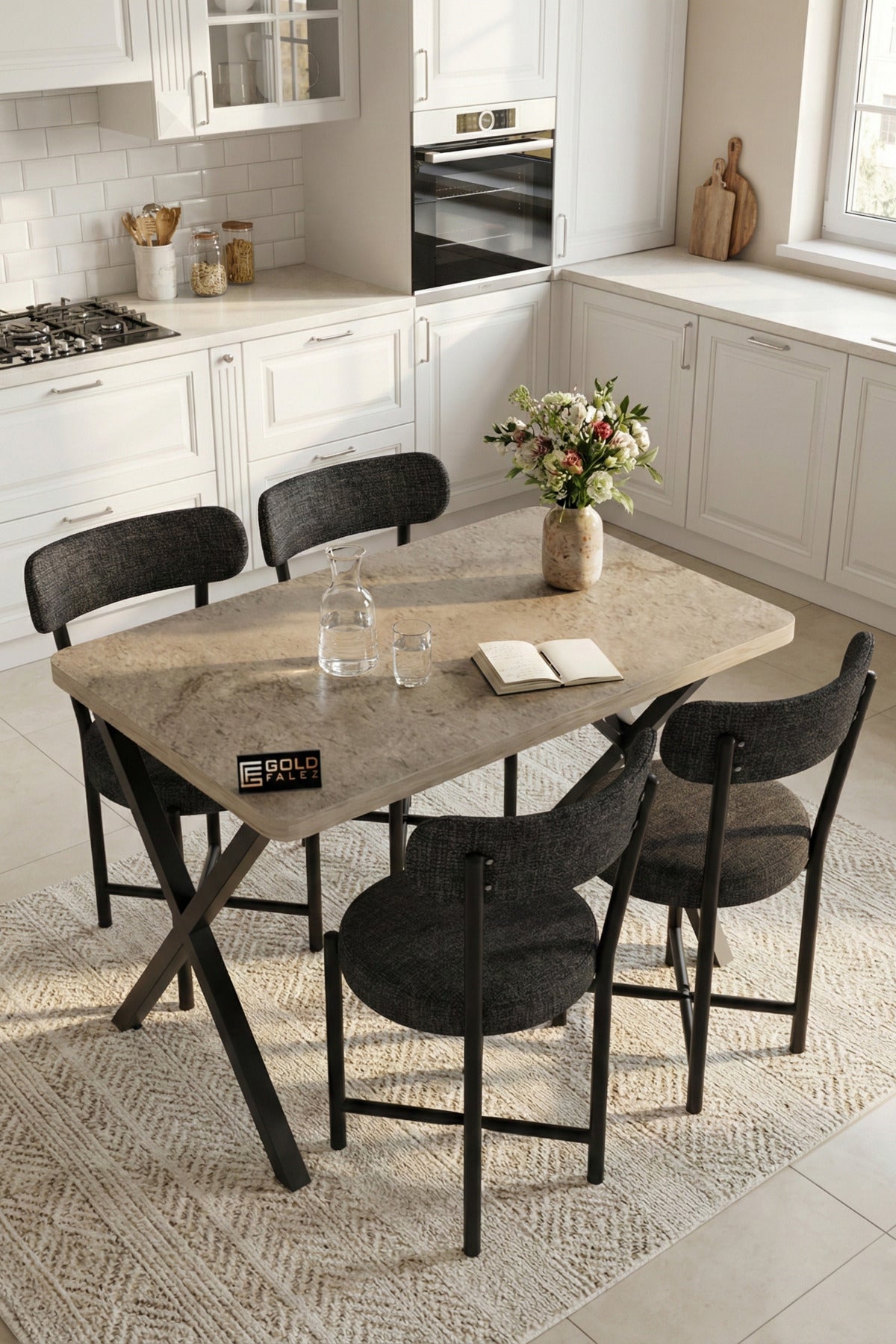 Mutfak Masası 4 Sandalyeli Set 110x70 cm Modern Bahçe Cafe Traverten Masa Takımı 4 Kişilik Teddy