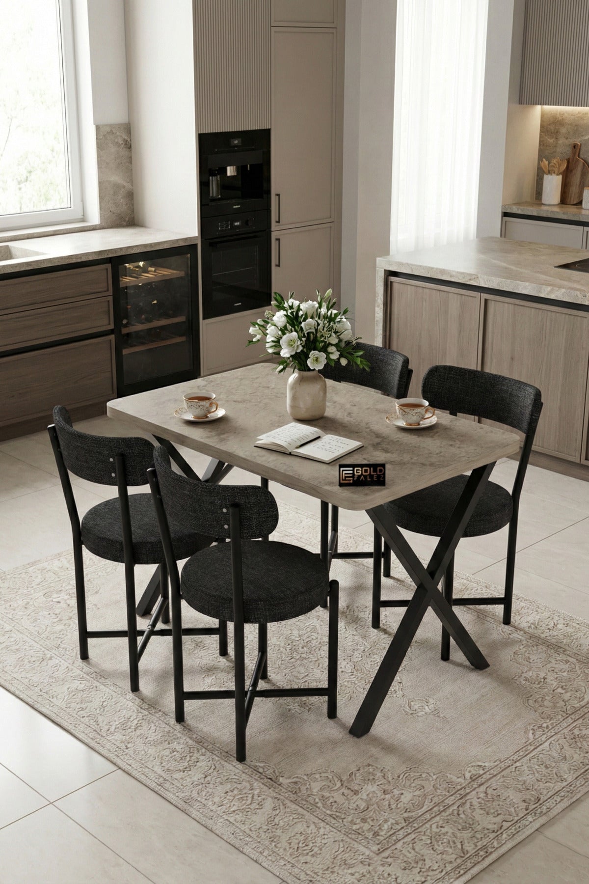 Mutfak Masası 4 Sandalyeli Set 110x70 cm Modern Bahçe Cafe Traverten Masa Takımı 4 Kişilik Teddy