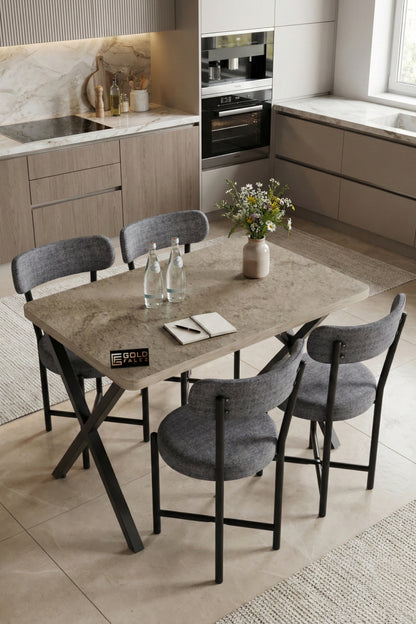 Mutfak Masası 4 Sandalyeli Set 110x70 cm Modern Bahçe Cafe Traverten Masa Takımı 4 Kişilik Teddy