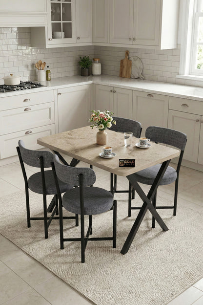 Mutfak Masası 4 Sandalyeli Set 110x70 cm Modern Bahçe Cafe Traverten Masa Takımı 4 Kişilik Teddy