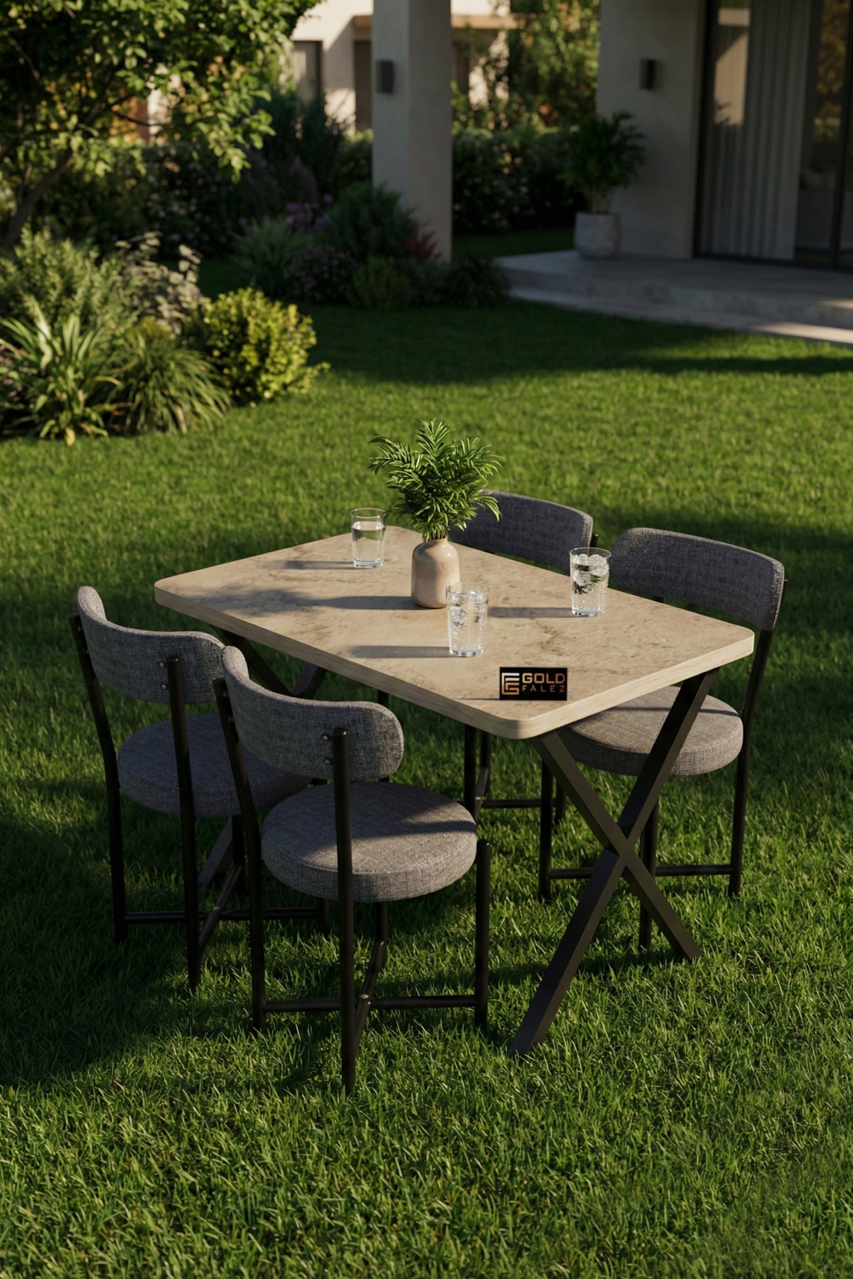 Mutfak Masası 4 Sandalyeli Set 110x70 cm Modern Bahçe Cafe Traverten Masa Takımı 4 Kişilik Teddy