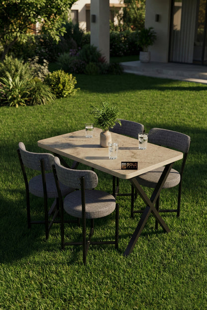 Mutfak Masası 4 Sandalyeli Set 110x70 cm Modern Bahçe Cafe Traverten Masa Takımı 4 Kişilik Teddy
