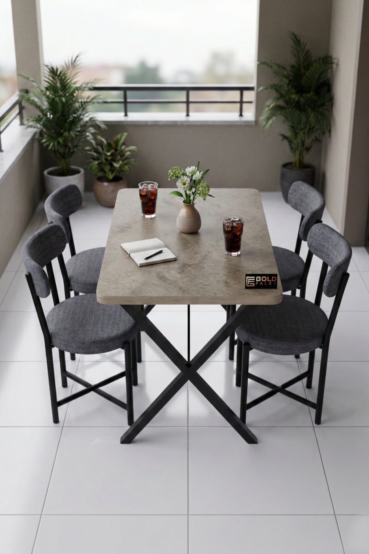 Mutfak Masası 4 Sandalyeli Set 110x70 cm Modern Bahçe Cafe Traverten Masa Takımı 4 Kişilik Teddy