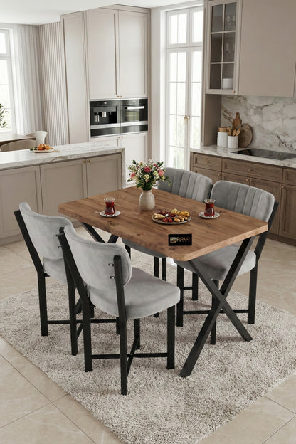 Mutfak Masası 4 Sandalyeli Set 110x70 cm Modern Atlantik Masa Takımı Cafe Balkon Ofis Masa Elma