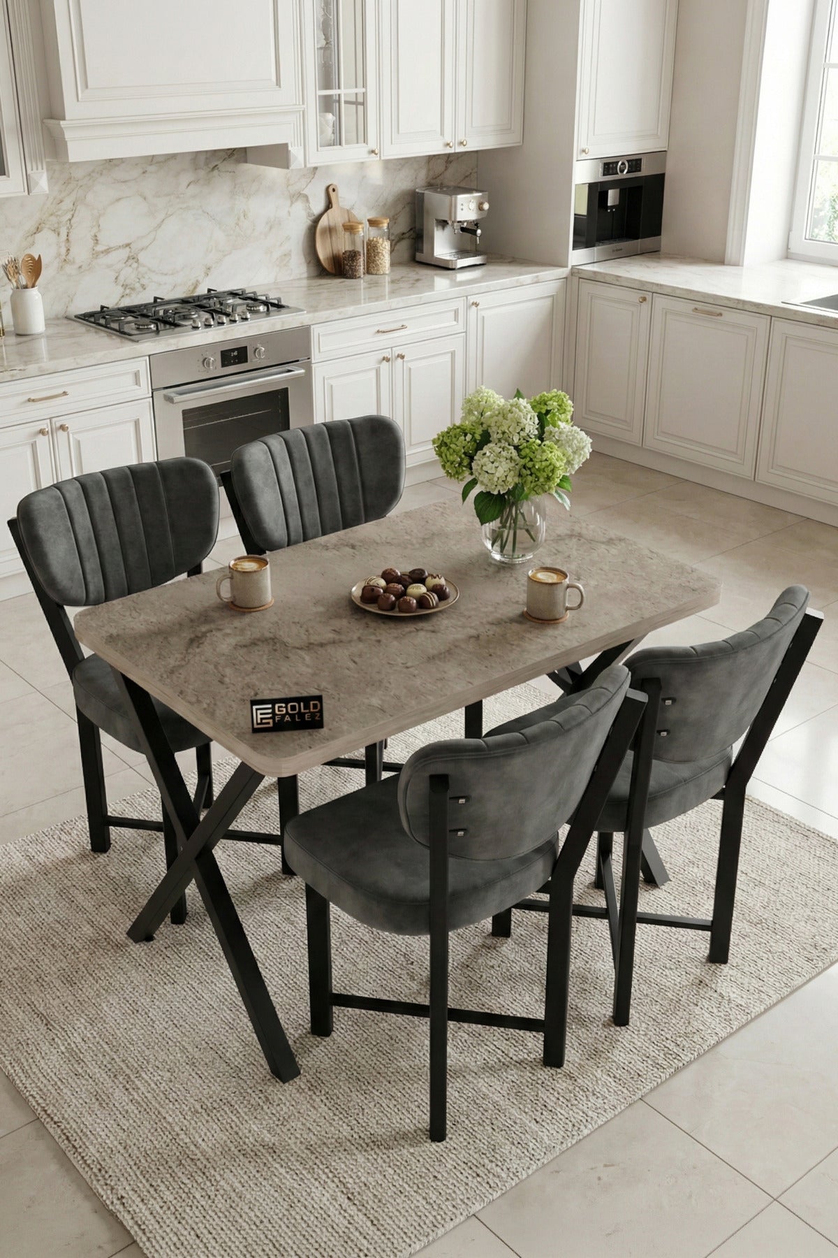 Mutfak Masası 4 Sandalyeli Set 110x70 cm Modern Traverten Masa Takımı Cafe Balkon Ofis Masa Elma