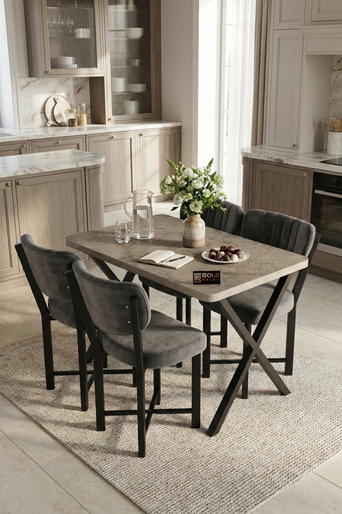 Mutfak Masası 4 Sandalyeli Set 110x70 cm Modern Traverten Masa Takımı Cafe Balkon Ofis Masa Elma