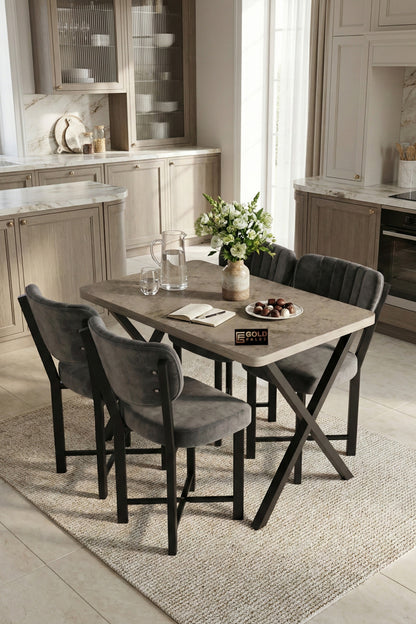 Mutfak Masası 4 Sandalyeli Set 110x70 cm Modern Traverten Masa Takımı Cafe Balkon Ofis Masa Elma
