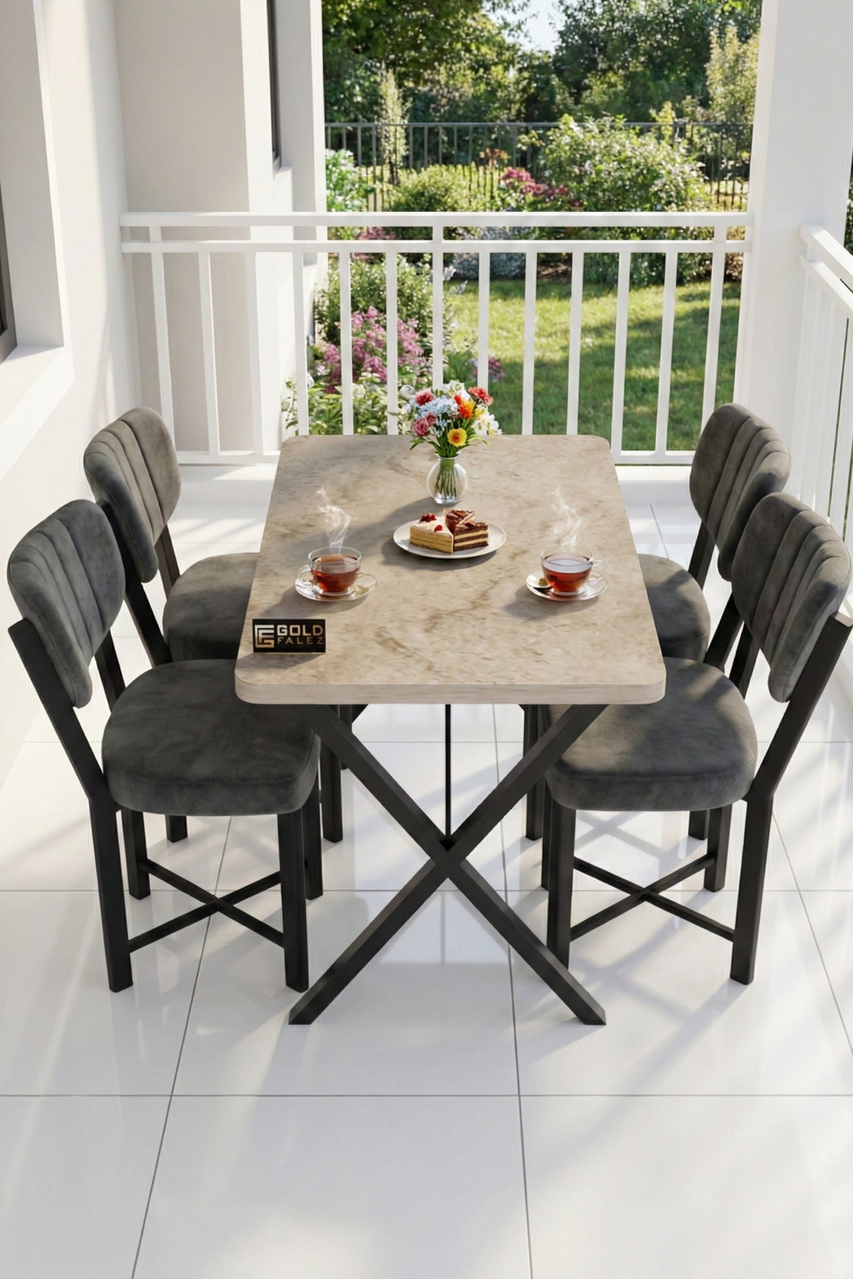 Mutfak Masası 4 Sandalyeli Set 110x70 cm Modern Traverten Masa Takımı Cafe Balkon Ofis Masa Elma